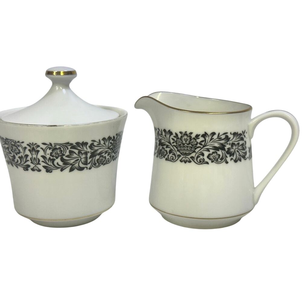 Four Crown China 'Monte Carlo' 383 Black/White/Gold Cream Pitcher and Sugar Bowl